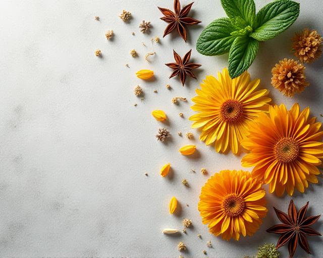 Golden dried herbs on a wooden workspace