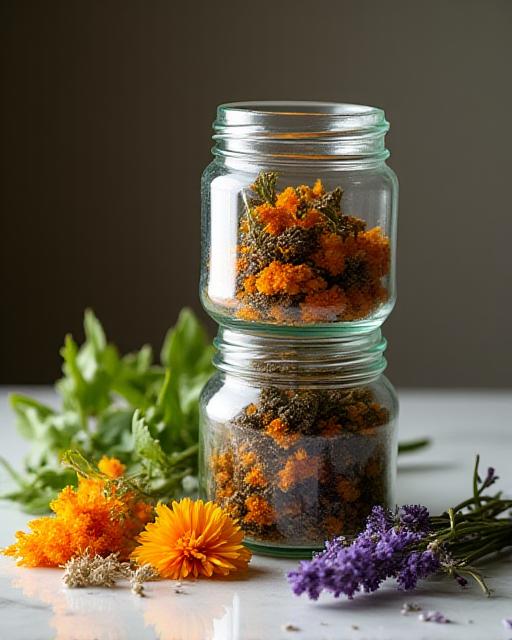 Artisan herbal tea jars and dried lavender bundles